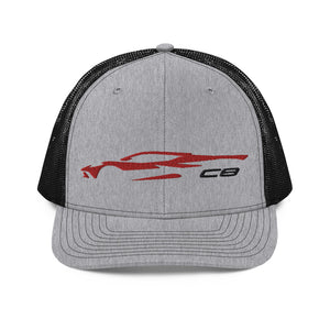 Corvette C8 Outline Silhouette Torch Red Vette Owner Gift Trucker Cap Embroidered Mesh Back Snapback Hat