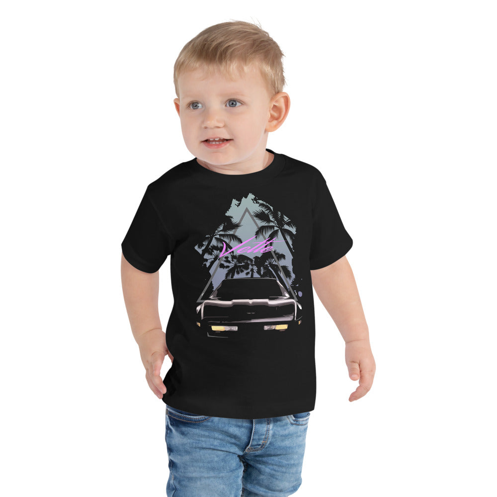 Retro 1980s Corvette C4 Miami Nights and Palm Trees Toddler Short Sleeve Tee