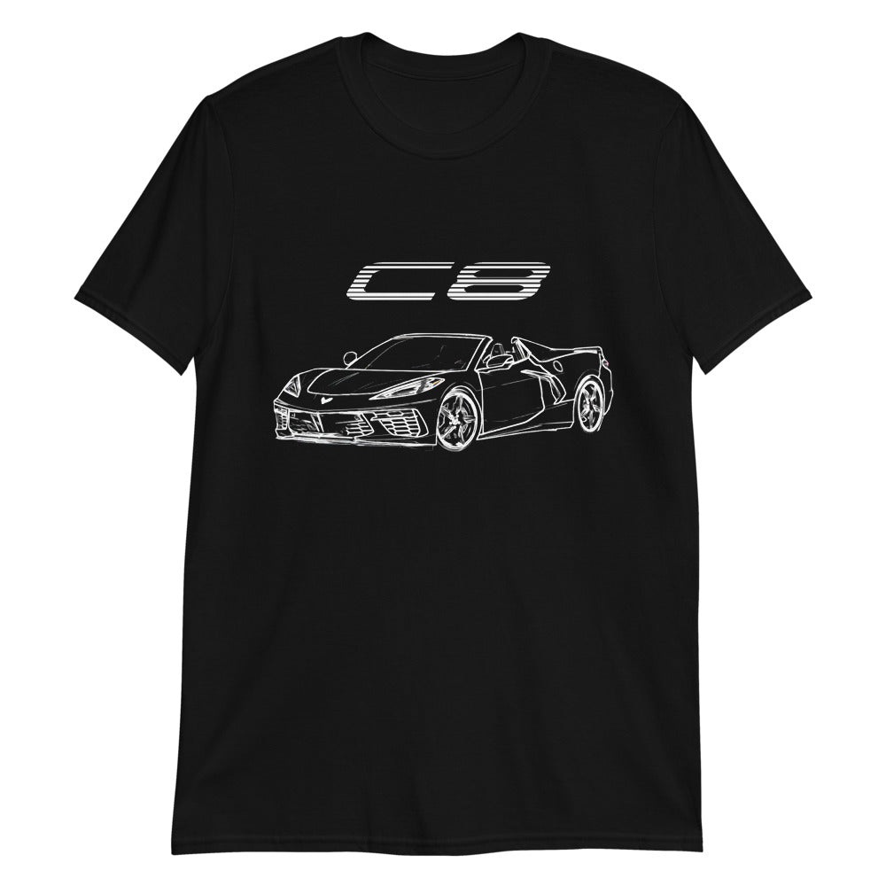 Convertible Corvette C8 Owner Gift Outline Sketch Art Short-Sleeve T-Shirt