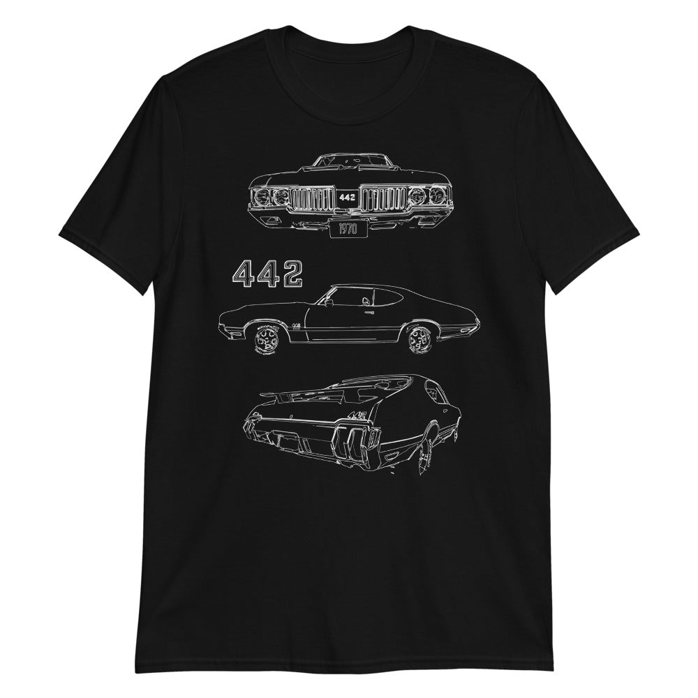 1970 Olds 442 Muscle Car Collector Cars Outline Art Short-Sleeve Unisex T-Shirt