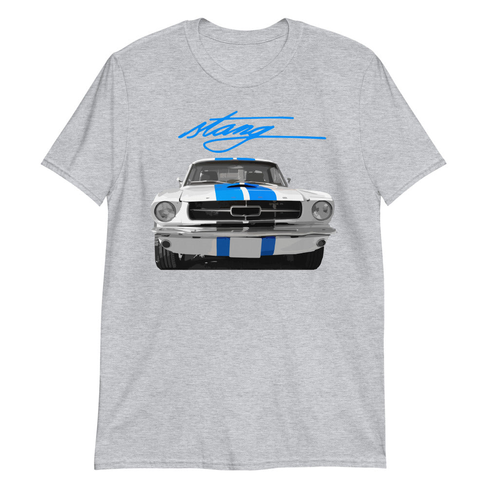 1967 Mustang White with Blue Racing Stripes Short-Sleeve T-Shirt
