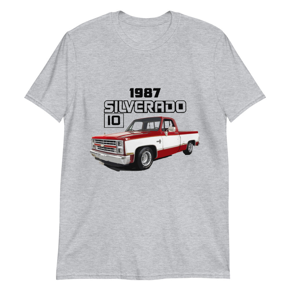 1987 Chevy C10 Silverado Red and White Short Bed Vintage Pickup Truck T-Shirt