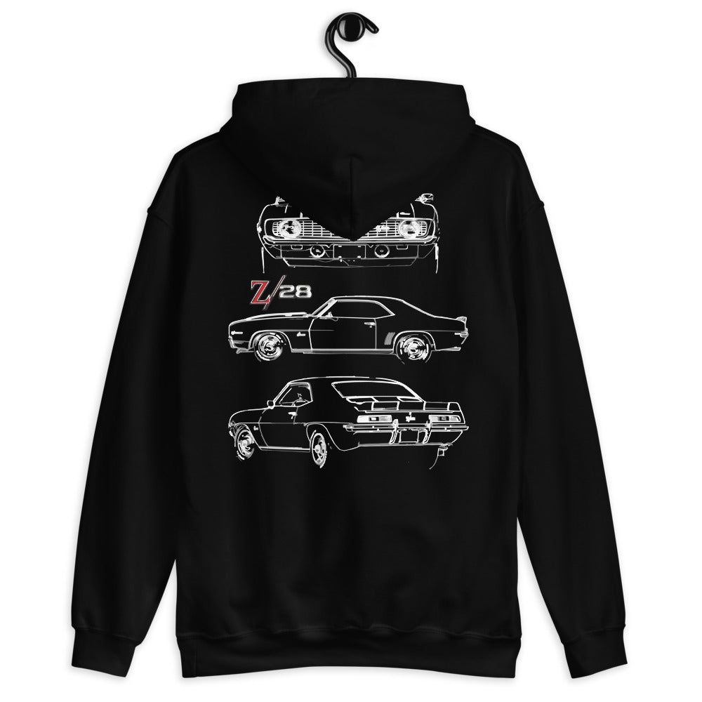 1969 Camaro Z28 302 Muscle Car Collector Outline Art Gift Unisex Hoodie