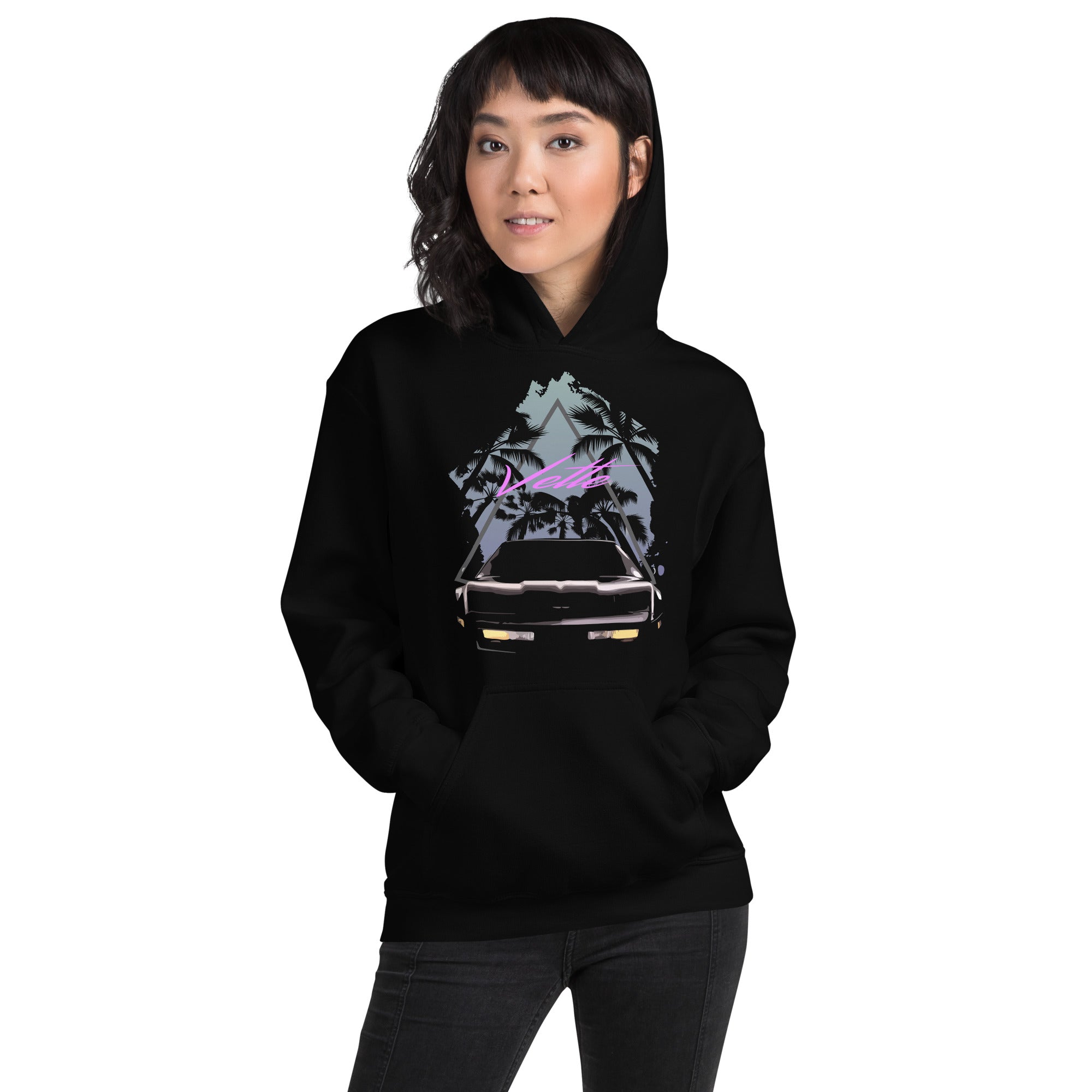 Retro 1980s Corvette C4 Miami Nights and Palm Trees Unisex Hoodie