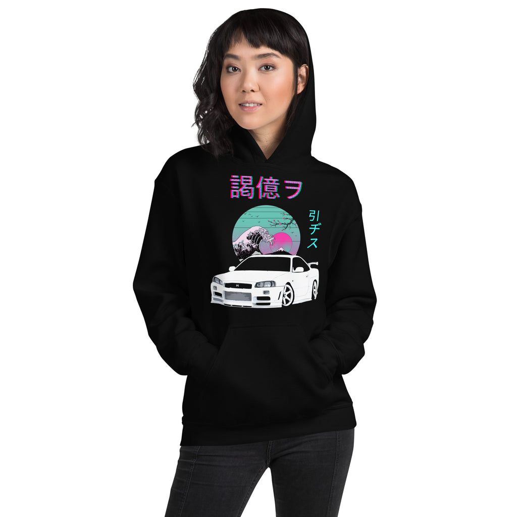 Skyline R34 GTR JDM Hoodie - Japanese Tuner Car Drift Racing Graphic Sweatshirt For Men & Women (White, Large)