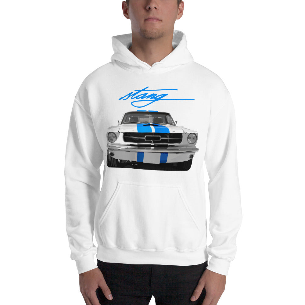 1967 Mustang White with Blue Racing Stripes Unisex Hoodie