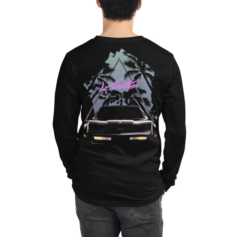 Retro 1980s Corvette C4 Miami Nights and Palm Trees Unisex Long Sleeve Tee