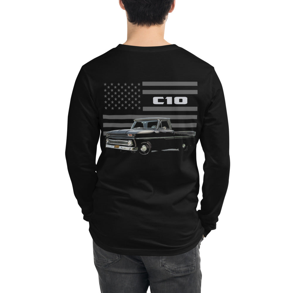 Black 1966 Chevy C10 Antique Pickup Truck Owner Gift Unisex Long Sleeve Tee