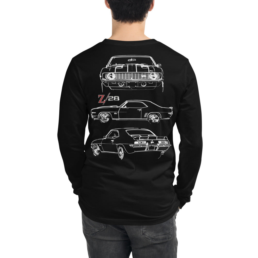 1969 Camaro Z28 302 Muscle Car Collector Outline Art Gift Unisex Long Sleeve Tee