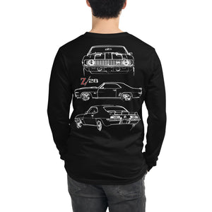 1969 Camaro Z28 302 Muscle Car Collector Outline Art Gift Unisex Long Sleeve Tee