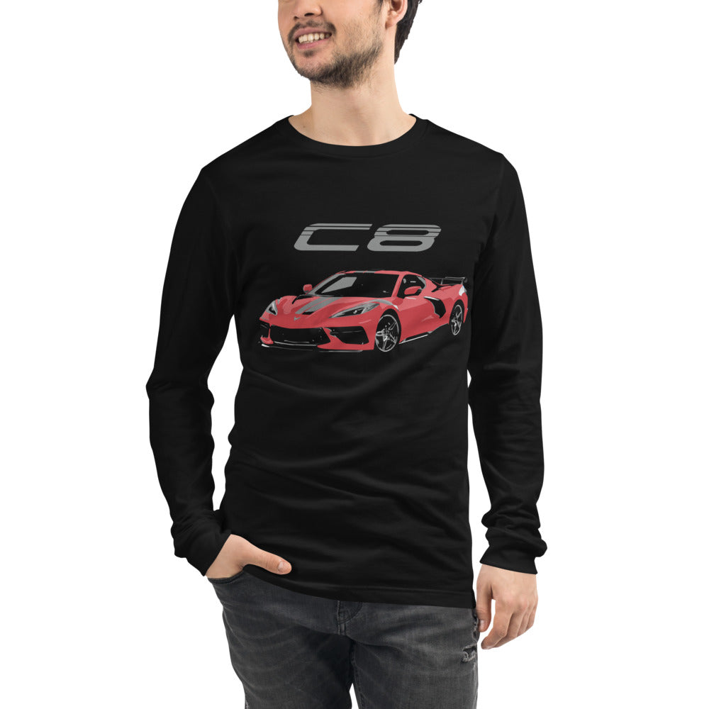 C8 Corvette Red 2022 2023 Mid Engine Sports Car Unisex Long Sleeve Tee