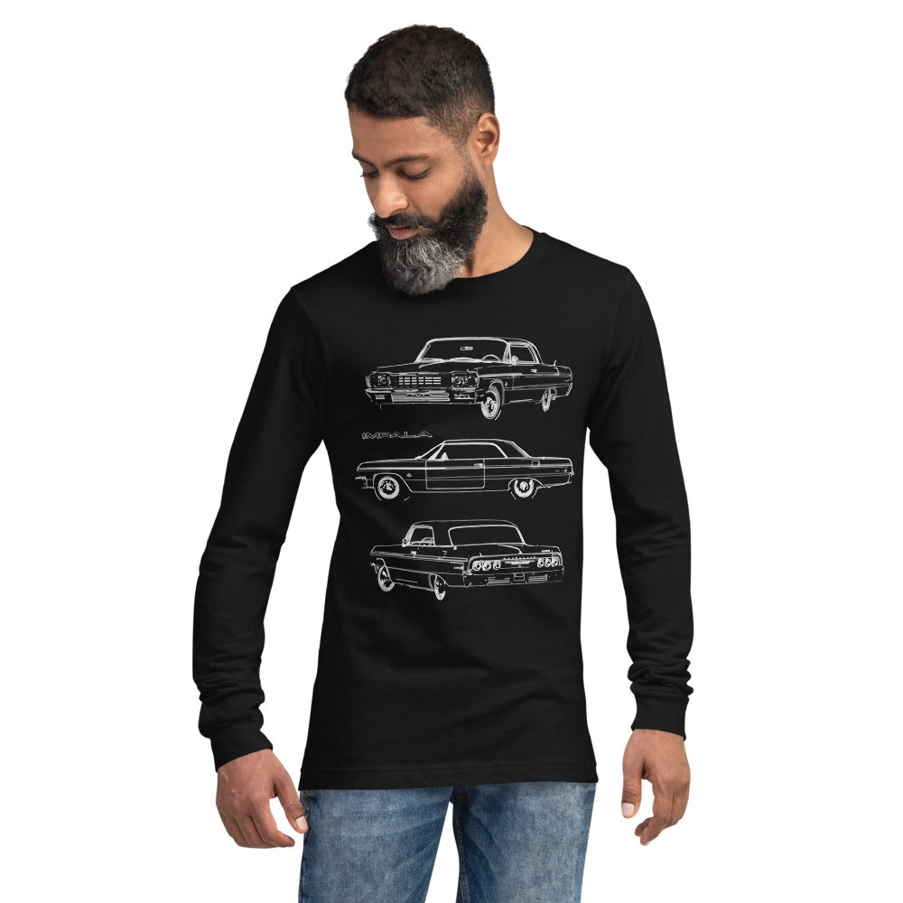 1964 Chevy Impala SS Owner Gift Antique Car Outline Art Long Sleeve Tee