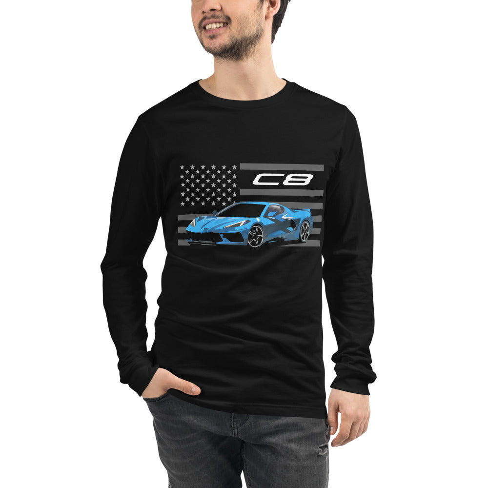 Rapid Blue Corvette C8 Mid-Engine Vette Street Race Car Club Custom Long Sleeve Tee