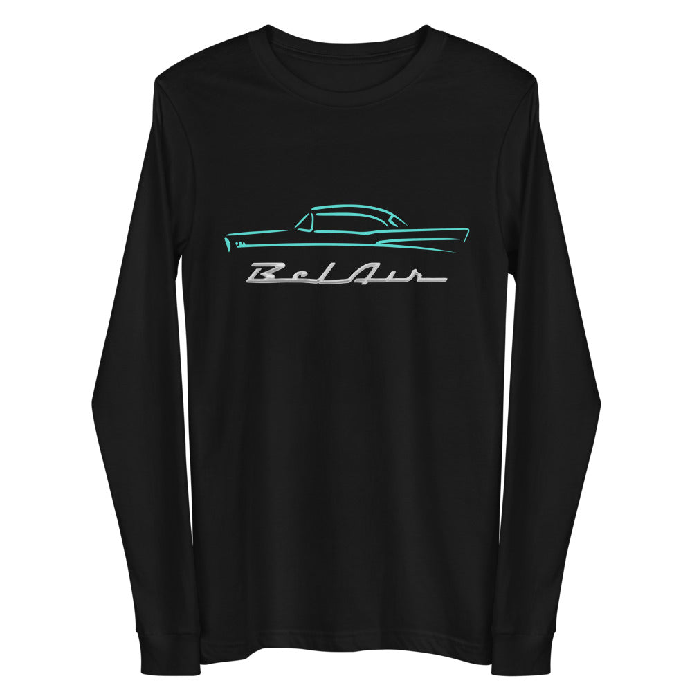 1957 Chevy Bel Air Turquoise Outline American Classic Collector Car Gift 57 Belair Long Sleeve Tee
