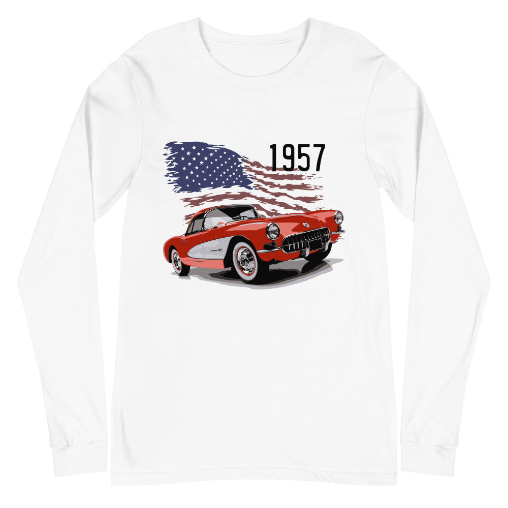 1957 Corvette C1 Red Antique Car American Automotive Nostalgia Custom Long Sleeve Tee