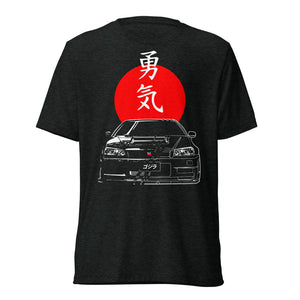 R34 GT-R Japanese Red Sun JDM Kanji Car Club Custom GTR vintage style tri-blend t-shirt