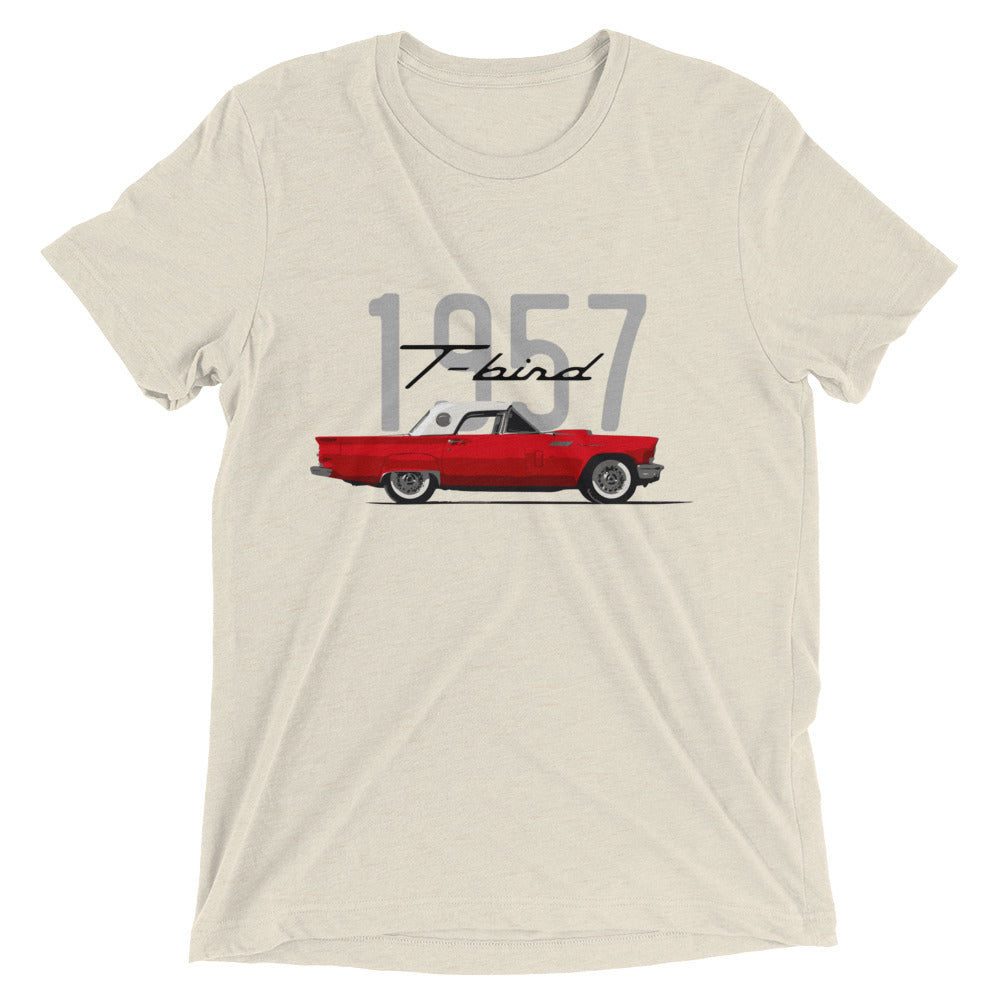 1957 Thunderbird Flame Red T-Bird Hardtop Antique Classic Car American Automotive Nostalgia tri-blend t-shirt