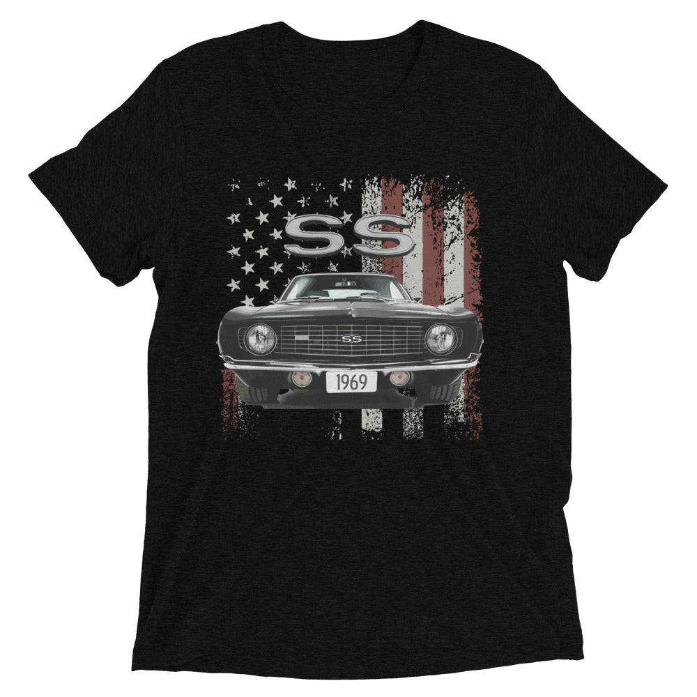 1969 Chevy Camaro SS Muscle Car Patriotic American Flag tri-blend t-shirt