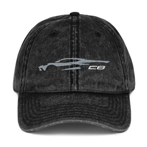 Corvette C8 Outline Silhouette Gray Silver Vette Owner Gift Vintage Cotton Twill Cap Dad Hat