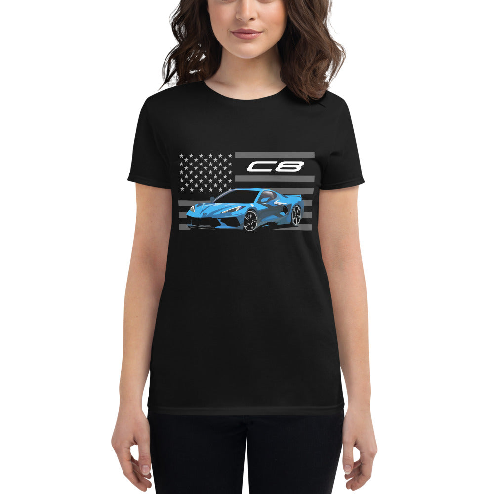 Rapid Blue Corvette C8 Mid-Engine Vette Street Race Car Club Custom Women's short sleeve t-shirt