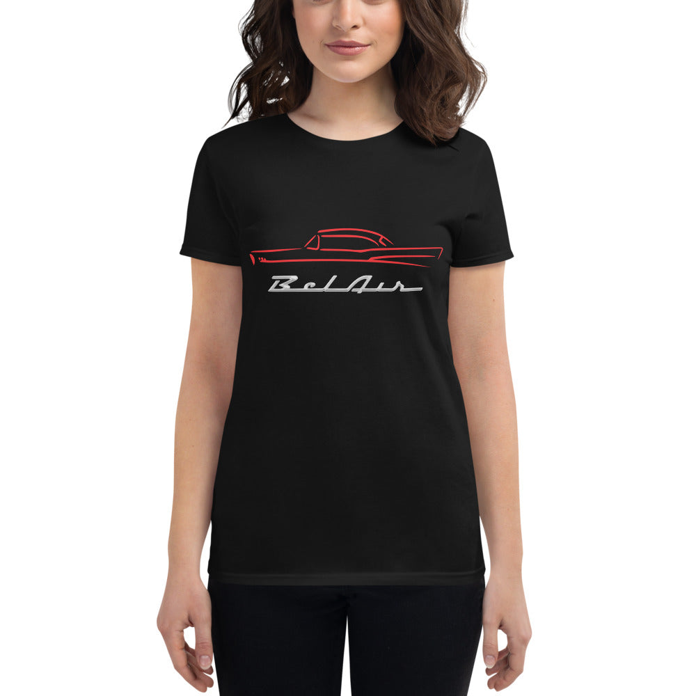1957 Chevy Bel Air Red Outline American Classic Collector Car Gift 57 Belair Women's short sleeve t-shirt
