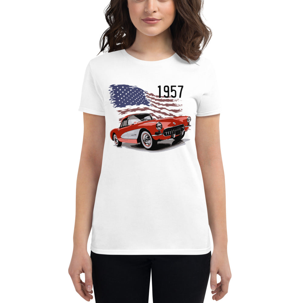 1957 Corvette C1 Red Antique Car American Automotive Nostalgia Custom Women's short sleeve t-shirt