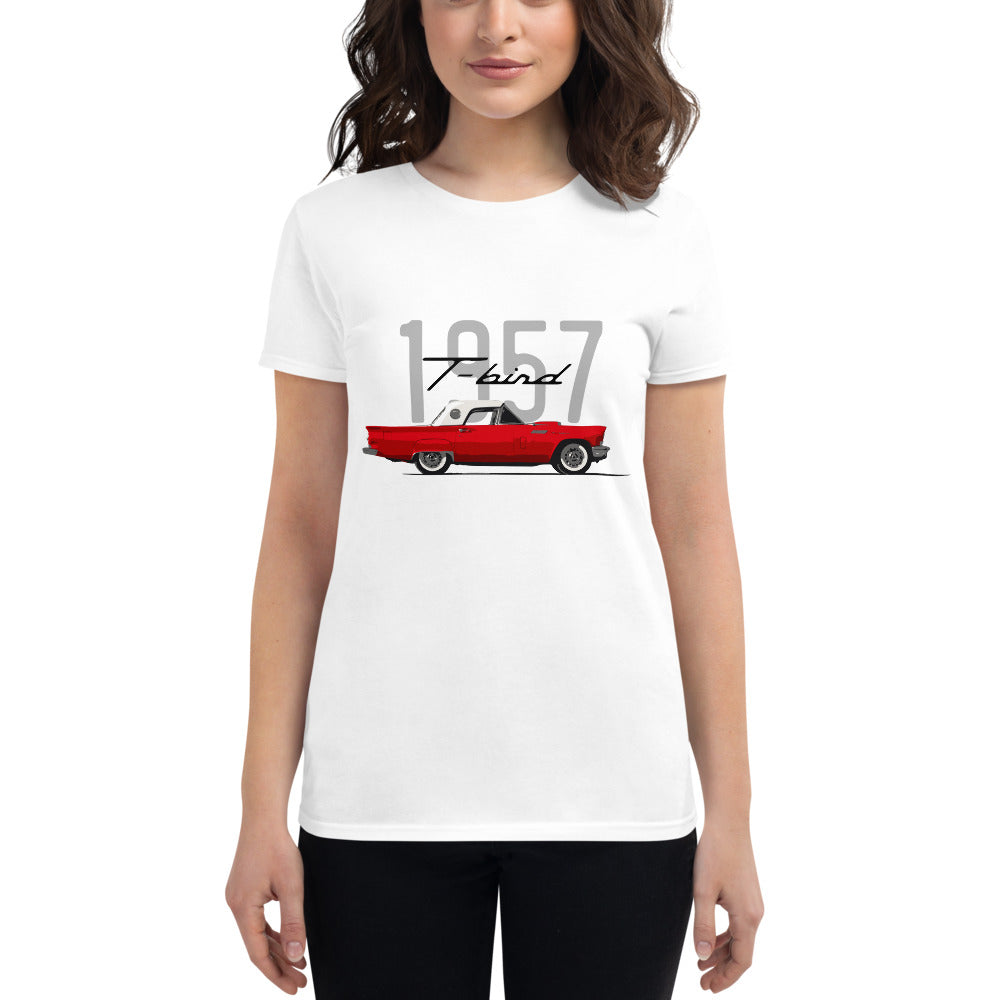 1957 Thunderbird Flame Red T-Bird Hardtop Antique Classic Car American Automotive Nostalgia Women's short sleeve t-shirt