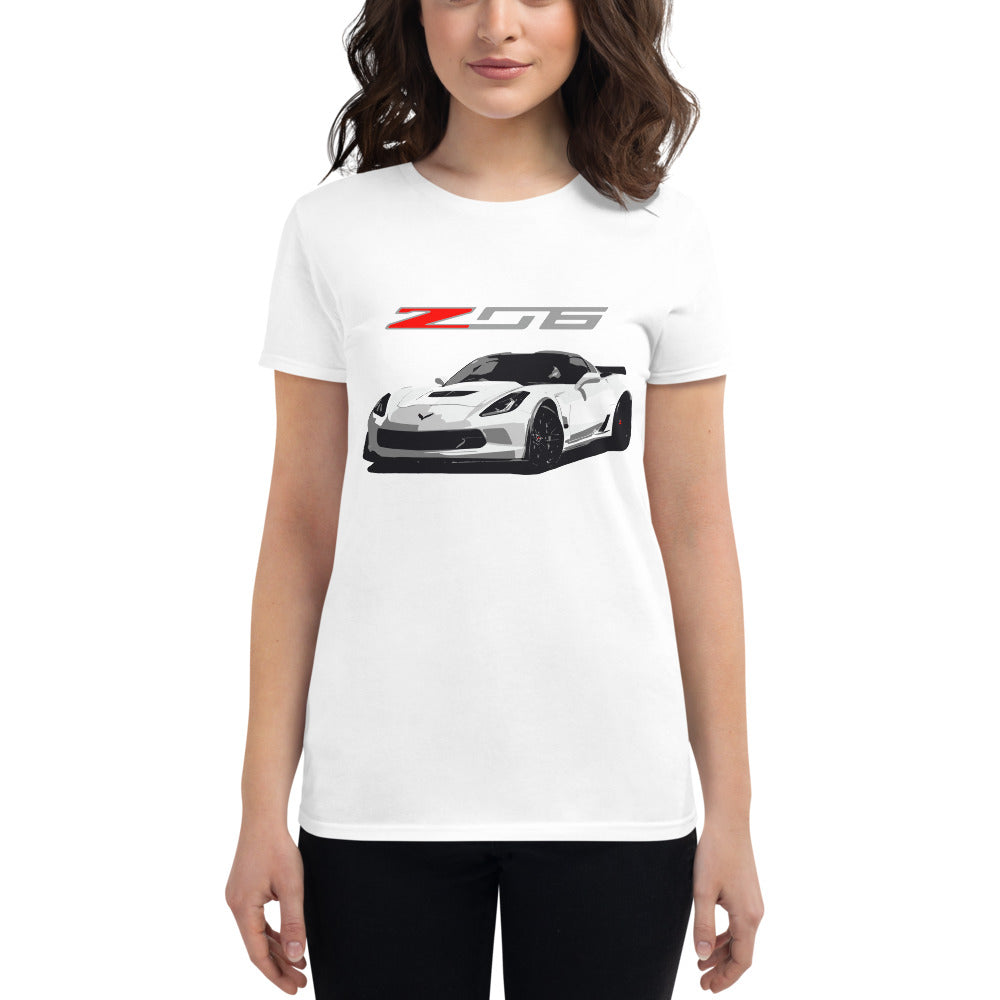 White Corvette Z06 C7 Vette Owner Gift Custom Car Club Show Women's short sleeve t-shirt