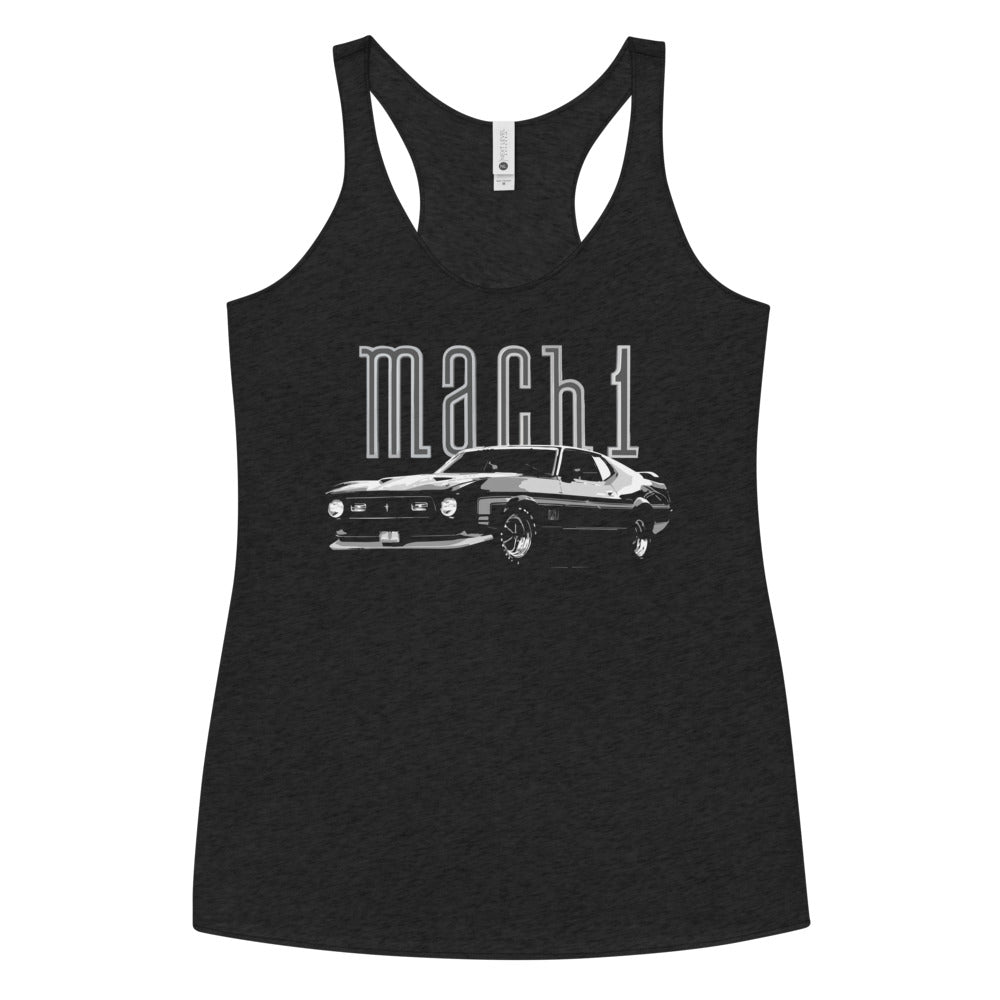 1971 Mustang Mach 1 Fastback 429 Super Cobra Jet Black Muscle Car Classic Cars Driver Women's Racerback Tank