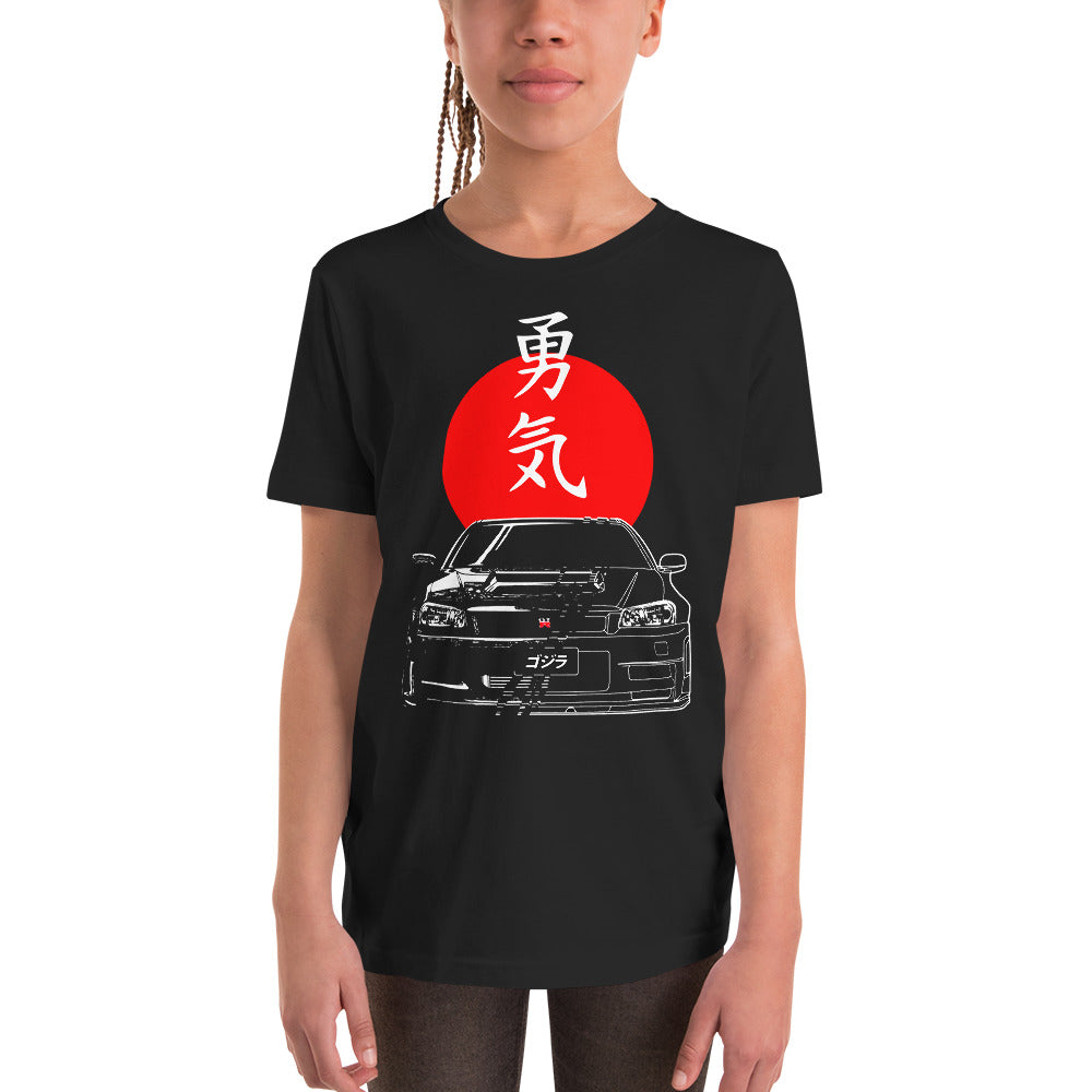 R34 GT-R Japanese Red Sun JDM Kanji Car Club Custom GTR Youth Short Sleeve T-Shirt
