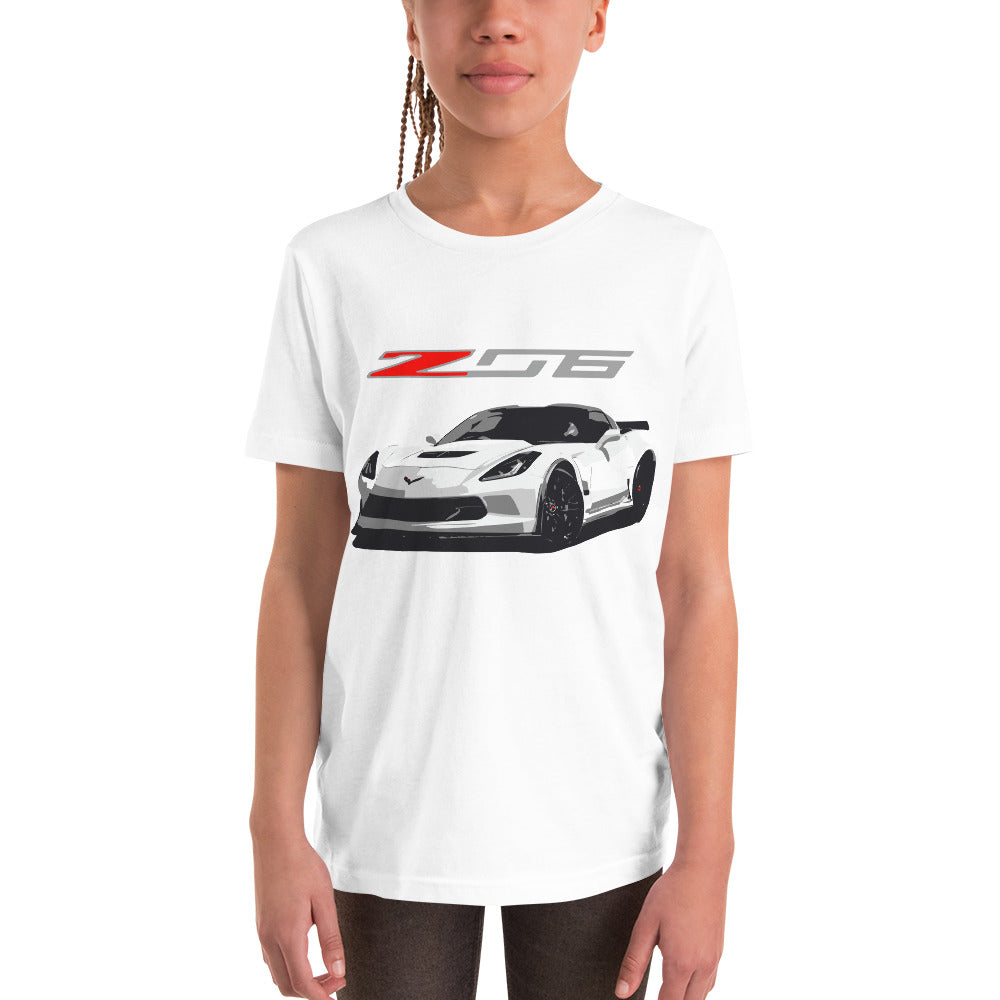 White Corvette Z06 C7 Vette Owner Gift Custom Car Club Show Youth Short Sleeve T-Shirt